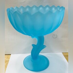 Vintage Indiana Glass Lotus Blossom compote satin blue frosted glass. Beautiful!